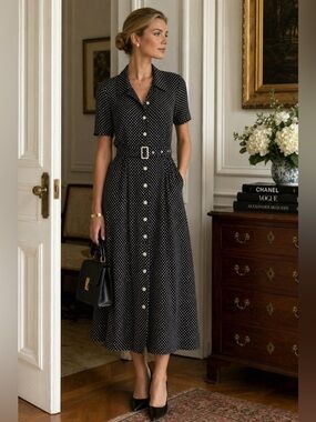 Van Laack Silk Polka Dot Shirt Dress Belted Black White Size 42 Medium